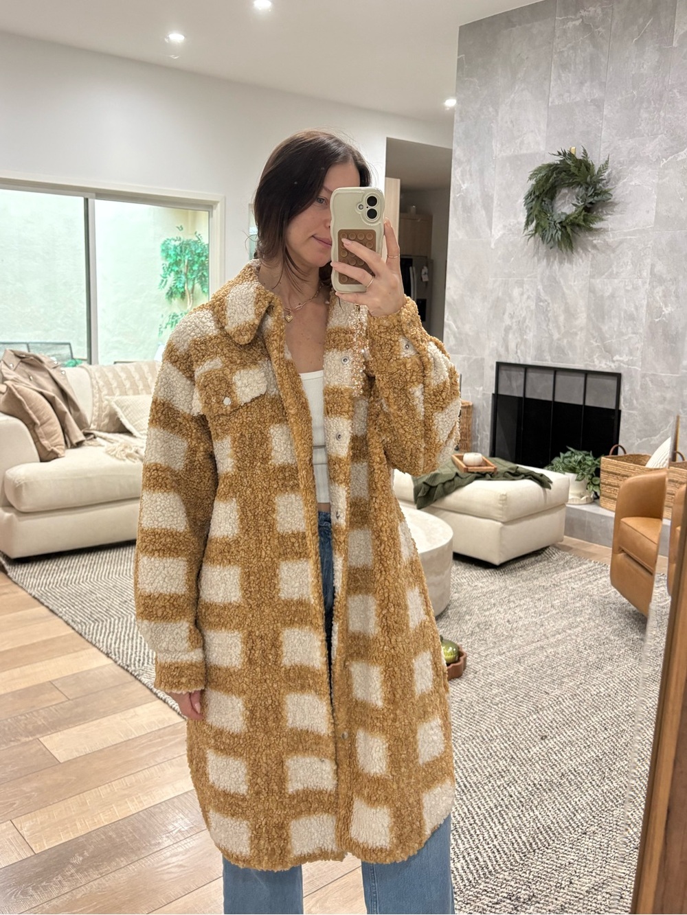 Lulus Winter Winds Plaid Teddy Shearling Long Shacket Coat Tan Cream XS